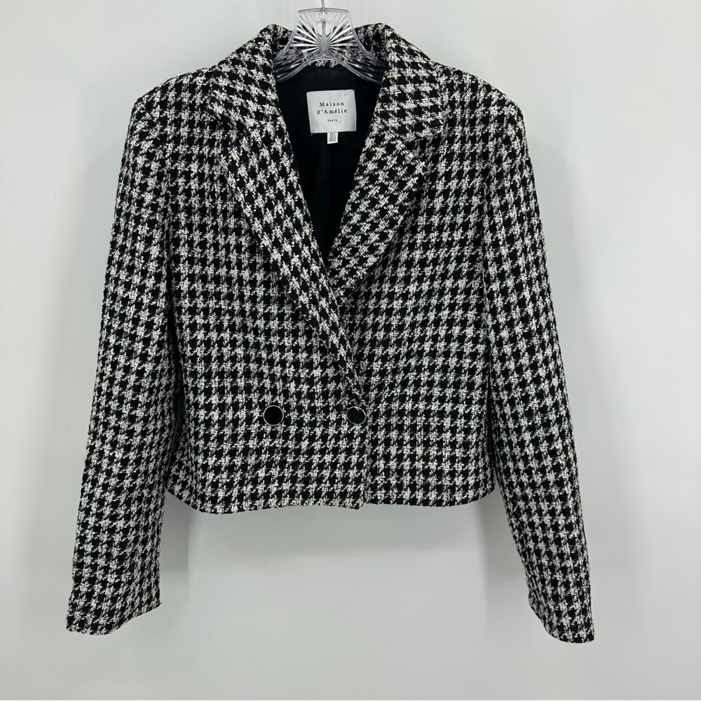 Madison d’Amelie Cropped Houndstooth Double Breasted Blazer Black White Size 6